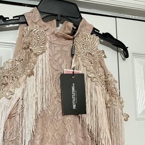 PrettyLittleThings Elegant Lace Halter Fringe Dress, in a blush color size M.
